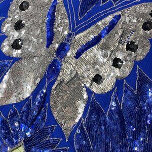 Vintage Shomax 100% Silk Sequin Butterfly Top • Medium• Blue Silver Beaded